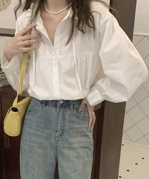 フリル衿ブラウス 長袖タックシャツ韓国風 大人可愛い ボリューム袖シャツ レディースおしゃれ キレイめトップス リボンブラウス ゆったり 体型カバー春秋服 着やせ 1SUYUZI-007